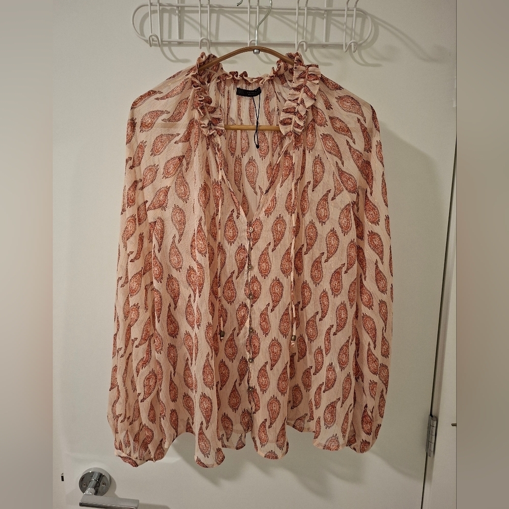 Zara Women's Pink & Gold Paisley Boho Sheer Flowy Puff-sleeve Blouse (Size M/L)